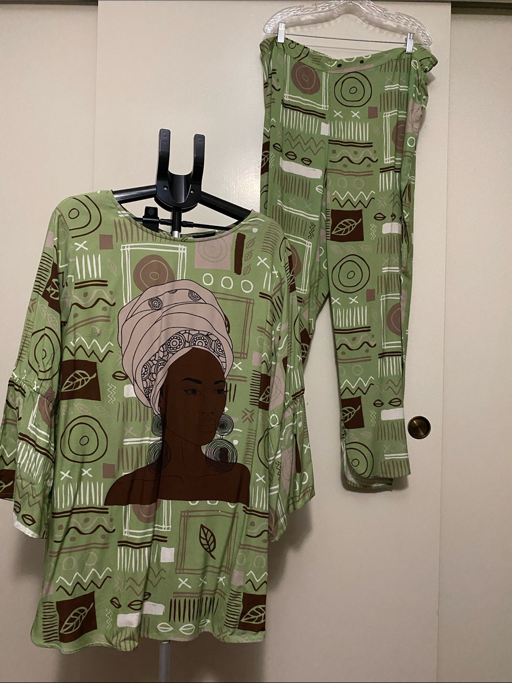Woman’s African Print Green and Brown Pantsuit